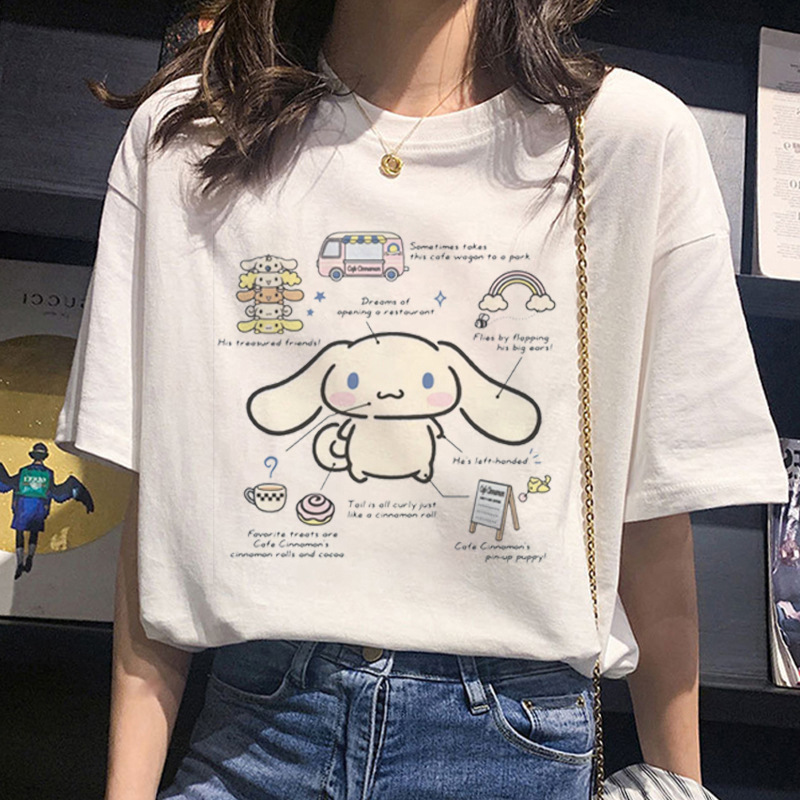 Kawaii Sanrioed Short Sleeve Kuromi Cinnamoroll My Melody Cute Cartoon Cotton Short Sleeve T Shirt White 1 - Cinnamoroll Plush