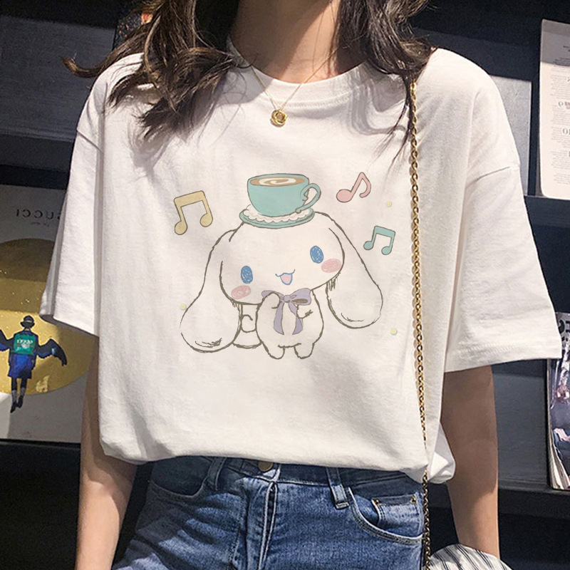 Kawaii Sanrioed Short Sleeve Kuromi Cinnamoroll My Melody Cute Cartoon Cotton Short Sleeve T Shirt White - Cinnamoroll Plush