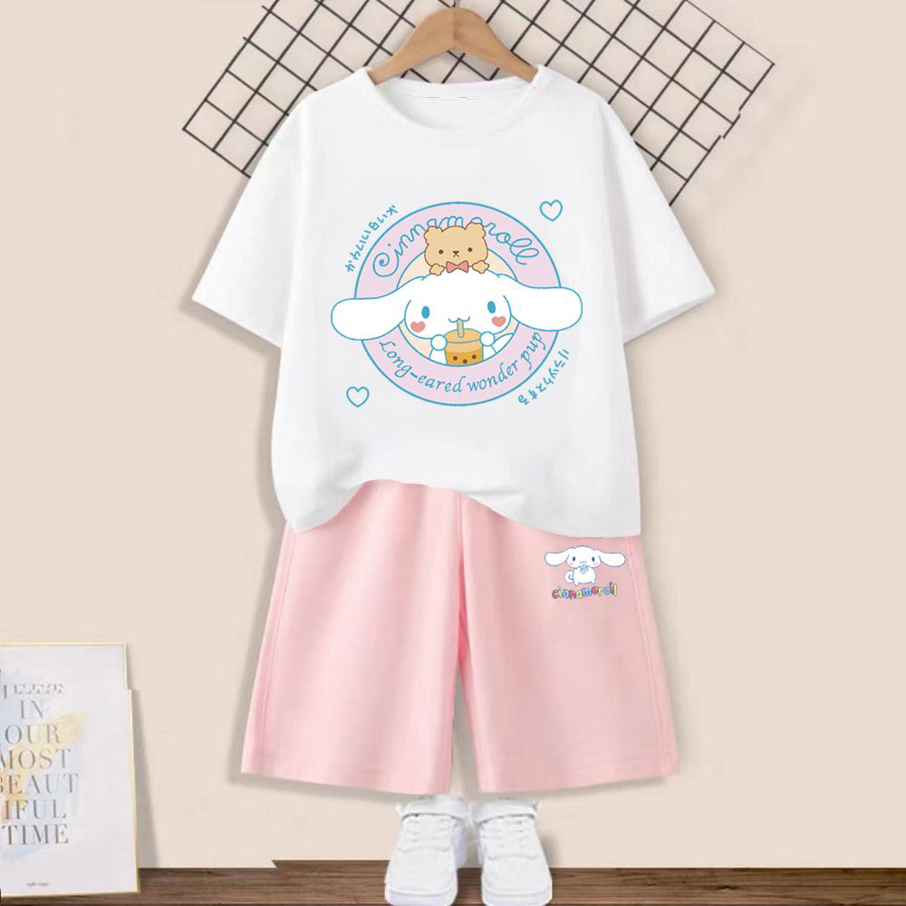 New Summer Kuromi Cinnamoroll Children T Shirt Shorts 2PCS Sets Lovely Sanrio Anime T Shirt Casual - Cinnamoroll Plush