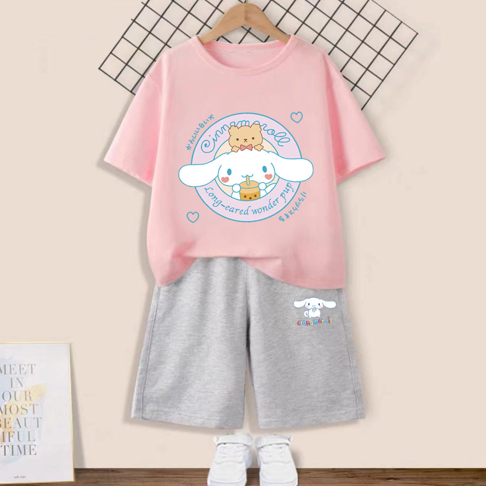 Summer Kuromi Cinnamoroll Children T Shirt Shorts 2Pcs sets Lovely Sanrio Anime T Shirt Casual Clothes - Cinnamoroll Plush